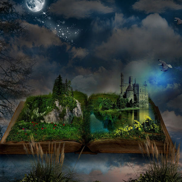 A picture of a book open with a castle and forest growing out of it